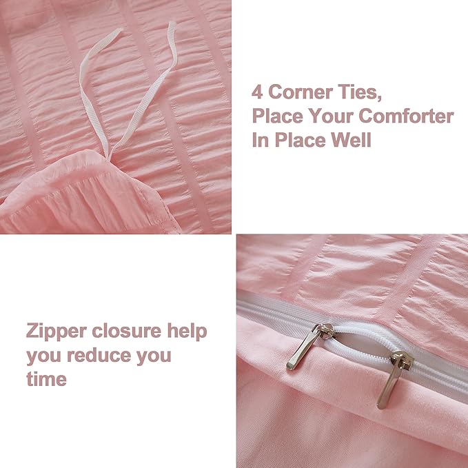 AveLom Blush Pink Seersucker Duvet Cover Set Full Size (80 x 90 inches), 3 Pieces (1 Duvet Cover + 2 Pillow Cases), Ultra Soft Washed Microfiber, Textured Duvet Cover with Zipper Closure, Corner Ties
