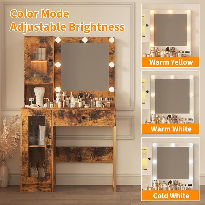 IDEALHOUSE Makeup Vanity Desk with Mirror and Lights, Vanity Table with Charging Station, 2 Open Compartments, 2 Acrylic-Door Cabinets, and RGB Lights Wood Dressing Table for Bedroom