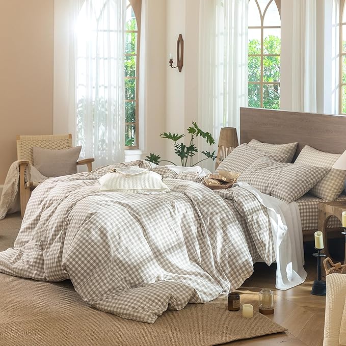 MooMee Gingham Duvet Cover Set 100% Washed Cotton Linen Like Textured Breathable Durable Soft Comfy Modern Checkered Design (Tannish Linen Grey Gingham, Oversized Queen 98"x98")