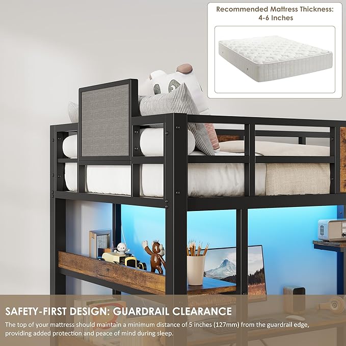 Garvee Twin Loft Bed with Desk and Stairs, Heavy Duty Loft Bed with RGB LED Lights, Charging Station, 3 Fabric Storage Drawers & 2 Open Shelves, No Box Spring Needed