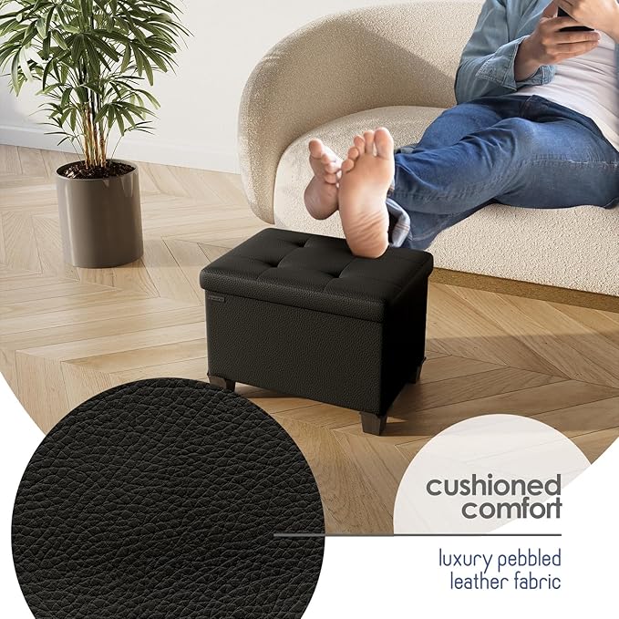 Storage Ottoman Cube with Small Bin, 16-in Square Ottoman with Storage for Living Room and Bedroom, Small Ottomans Foot Rest, Leather Foot Stools Ottomans Max 330lbs, Black