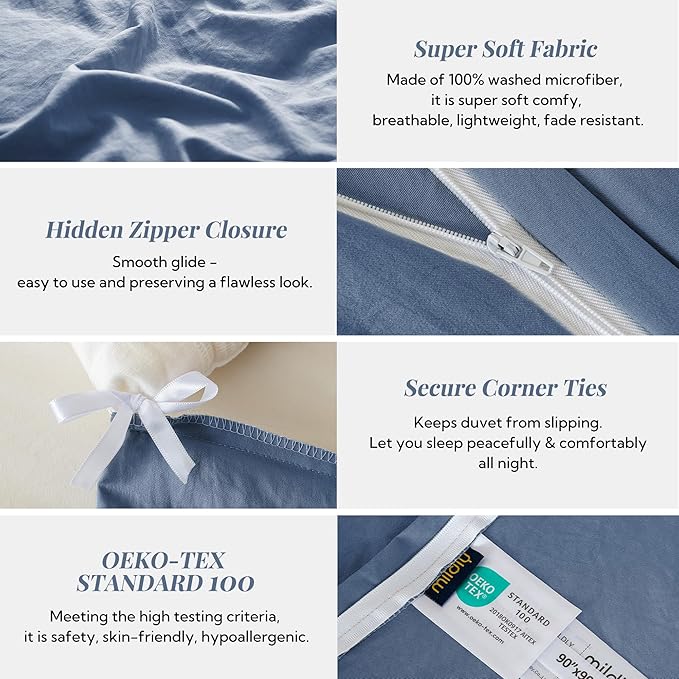MILDLY Super Soft Duvet Cover - 100% Washed Microfiber Light Denim Comforter Cover Set 3 Pieces with Zipper Closure & Corner Ties (No Comforter)