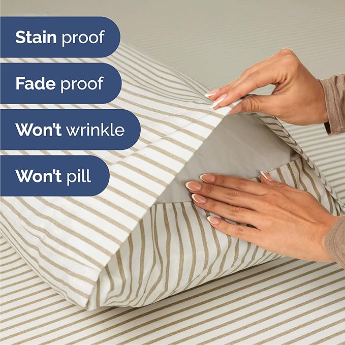 Cal King Size 4 Piece Sheet Set - Comfy Breathable & Cooling Sheets - Hotel Luxury Bed Sheets for Women & Men - Deep Pockets, Easy-Fit, Soft & Wrinkle Free Sheets - Beige Stripes Oeko-Tex Bed Sheets