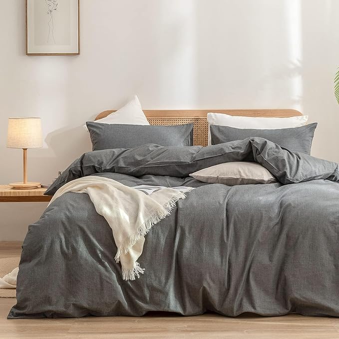 BESTOUCH Duvet Cover Set 100% Washed Cotton Linen Feel Super Soft Comfortable Chic Lightweight 3 PCs Home Bedding Set Solid Dark Grey Alaska King