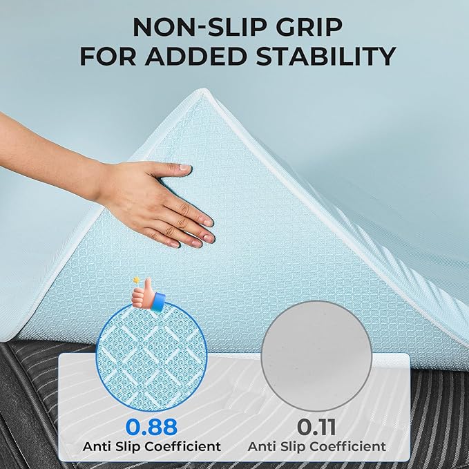 OhGeni 2 Inch Twin XL Memory Foam Mattress Topper Pad with Cover, Soft Bed Cover with Anti-Slip Base, Enhanced with Cooling Gel，Removable & Washable，College Dorm Room Essential