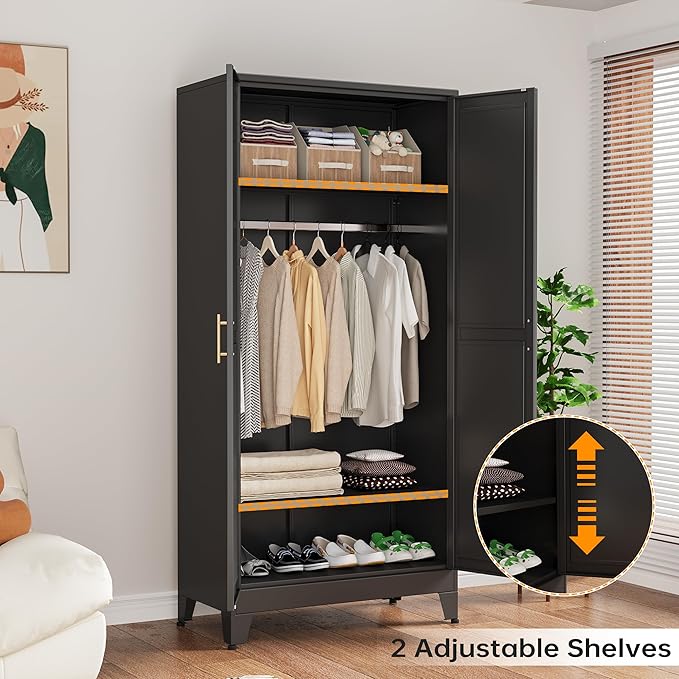 Metal Armoire Wardrobe Closet with Hanging Rod, Clothing Storage Cabinet with Adjustable Shelves for Laundry Room, Bedroom, Home Office, Bathroom, 71" Black