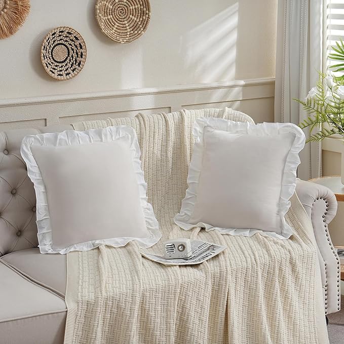 Merryword Beige and White Reversible Pillowcases 18x18 Throw Pillow Covers Pack of 2 Soft Microfiber Ruffle Decorative Pillowcase Cushion for Couch Sofa Bedroom