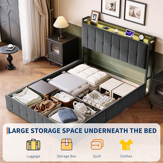 Garvee Queen Size Lift Up Storage Bed with LED Lights, Upholstered Velvet Bed Frame with Storage Headboard & Charging Station, Metal Platform Bed, No Box Spring Needed, Solid Wooden Slats, Grey