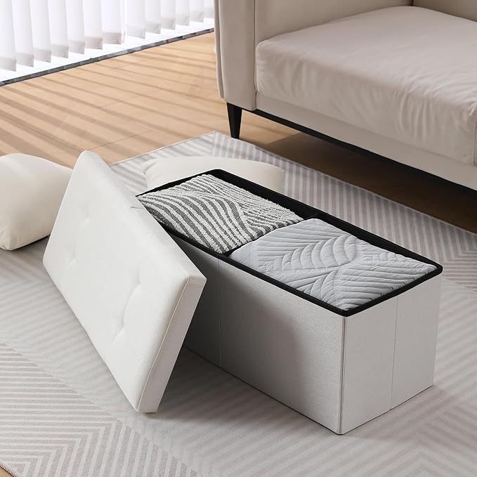 Storage Ottoman Bench Foldable Seat Footrest Shoe Bench End of Bed Storage with Flipping Lid, 75L Storage Space, 30 inches Linen Fabric White, OT026WS