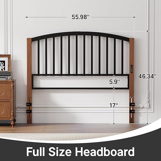 Weehom Full Size Headboard Only, Metal Bed Headboard with LED Light and Charge Station, Adjustable Height Full Headboard with Vintage Cherry Wood Grain Legs, Easy Assembly