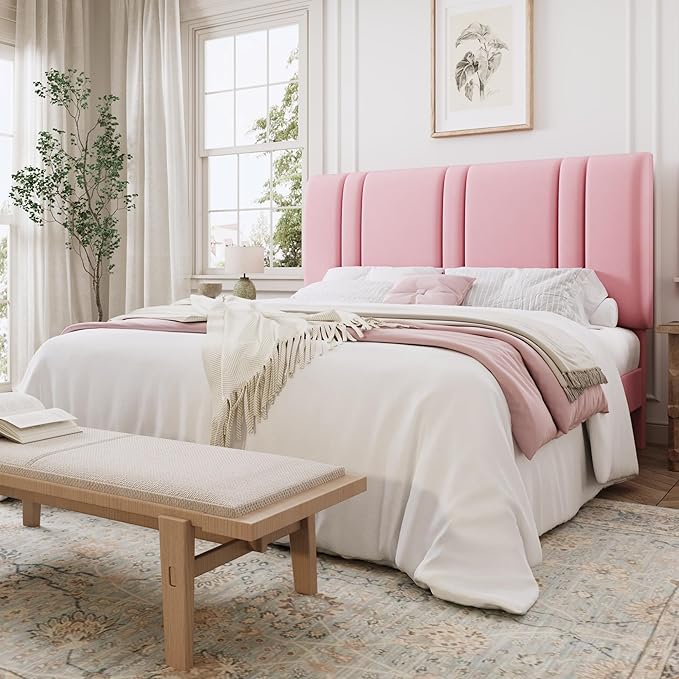 SHA CERLIN Full Size Platform Bed Frame, Velvet Upholstered Bed with Adjustable Headboard, Vertical Channel Tufted Design, Sturdy Wood Slat Support, No Box Spring Needed, Easy Assembly, Pink