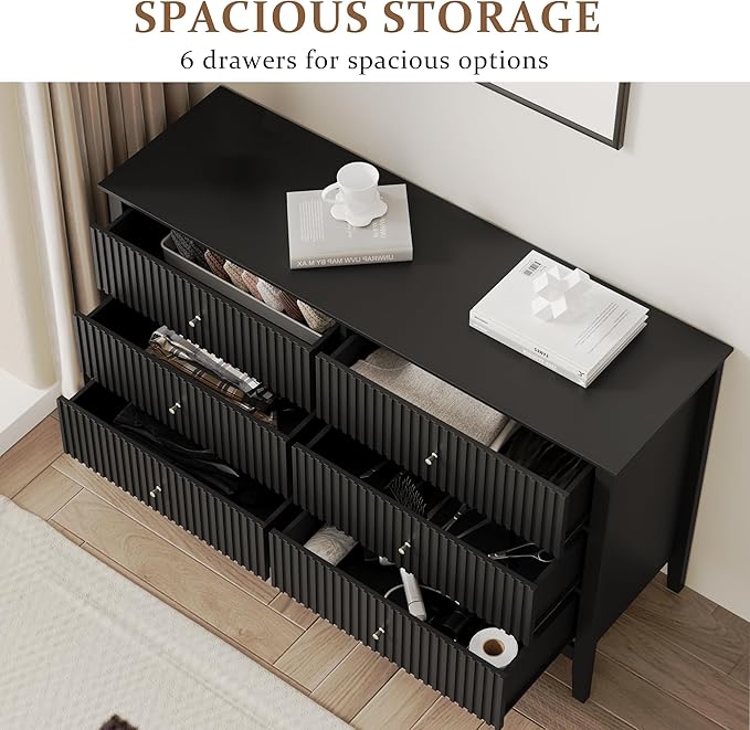 FansaFurn Black Dresser Fluted 6 Drawer Dresser Wide Modern Chest of Drawers Large Closet Dressers Wood Storage Dressers Organizer Storage Cabinet for Bedroom Living Room Hallway Entryway