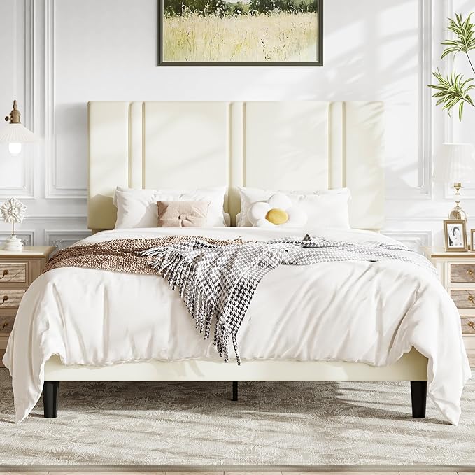 Allewie Queen Platform Bed Frame with Adjustable Headboard, Plush Velvet Upholstered, Vertical Channel Tufted, Sturdy Wooden Slats, No Box Spring Needed, Easy Assembly, Cream