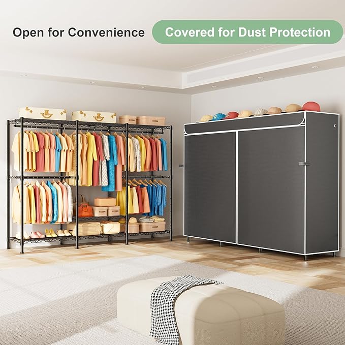 SEMHOR K01C Heavy Duty Clothes Rack with Grey Cover, Freestanding Portable Closet System with Shelves, Adjustable Carbon Steel Garment Rack, Black Clothing Racks for Hanging Clothes, 860LBS Max Load