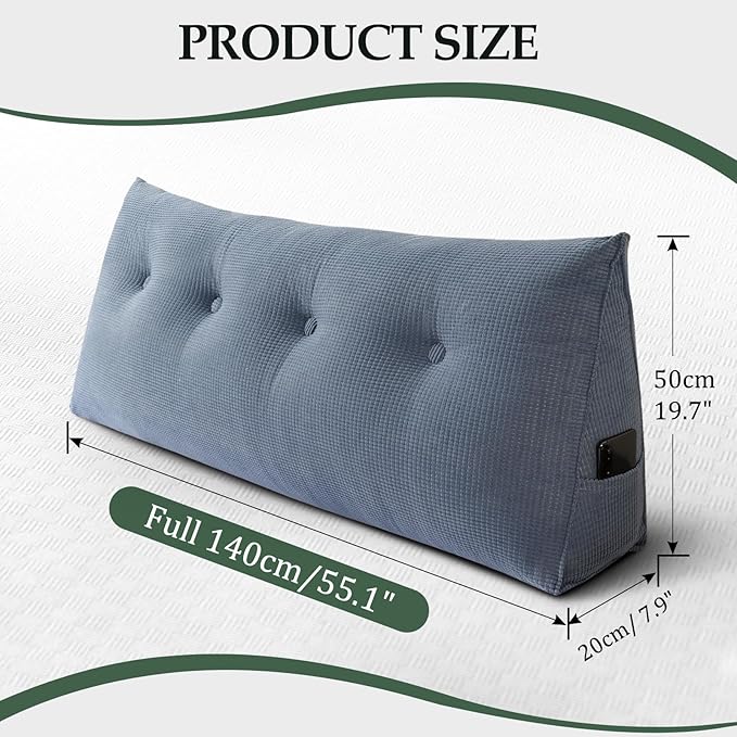 Huatean Home Soft Headboard Pillow Full Size, Wall Backrest Wedge Pillow Headboard Full, Reading Backboard Pillows, Large Dorm Daybed Bolster Pillows for Back Support with Removable Cover, Blue