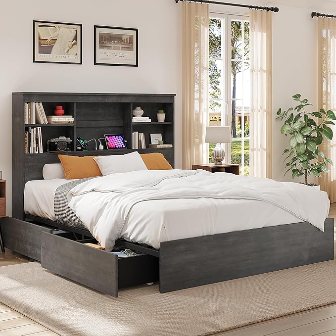 GarveeHome King Size Bed Frame with High Storage Bookcase Headboard, Wood Bed Frame with 4 Storage Drawers, Built in Charging Station, No Box Spring Needed, Metal Frame, Noise-Free, Ink