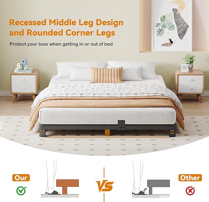 NKZ Queen Platform Bed Frame 4 Inch, Heavy Duty Metal Low Profile Bed Frame with Round Corner Legs, 3500lbs Weight Capacity Reinforced Frame, No Box Spring Needed，Noise-Free, Easy Assembly