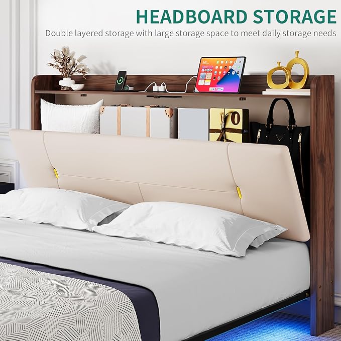 YITAHOME Queen Size Floating Bed Frame with Charging Station, PU Upholstered Platform Bed with 43.3'' Headboard, Hidden Storage, RGB LED Lights, No Box Spring Needed, Easy Assembly, Noise-Free, Beige