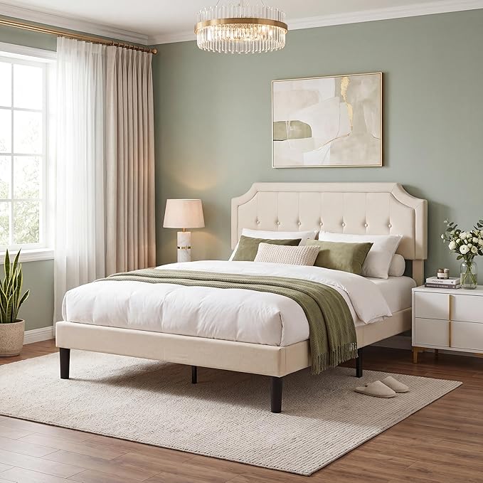 VECELO Full Size Platform Bed Frame with Fabric Upholstered Headboard and Wooden Slats Support, No Box Spring Needed/Easy Assembly,Light Beige