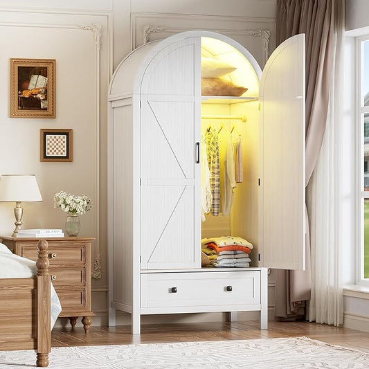 PAKASEPT Armoire Wardrobe Closet with Drawers and 2 Arched Fluted Doors, 70.9‘’ Tall Wooden Bedroom Armoire with LED Light & Shelves and Hanging Rod (White)