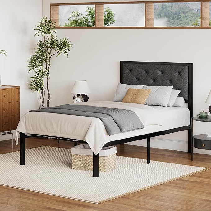 SHA CERLIN Twin Size Metal Platform Bed Frame,Linen Upholstered Button Tufted Headboard, Mattress Foundation with 12.4” Under-Bed Storage, Noise-Free, Easy Assembly, No Box Spring Needed, Dark Grey