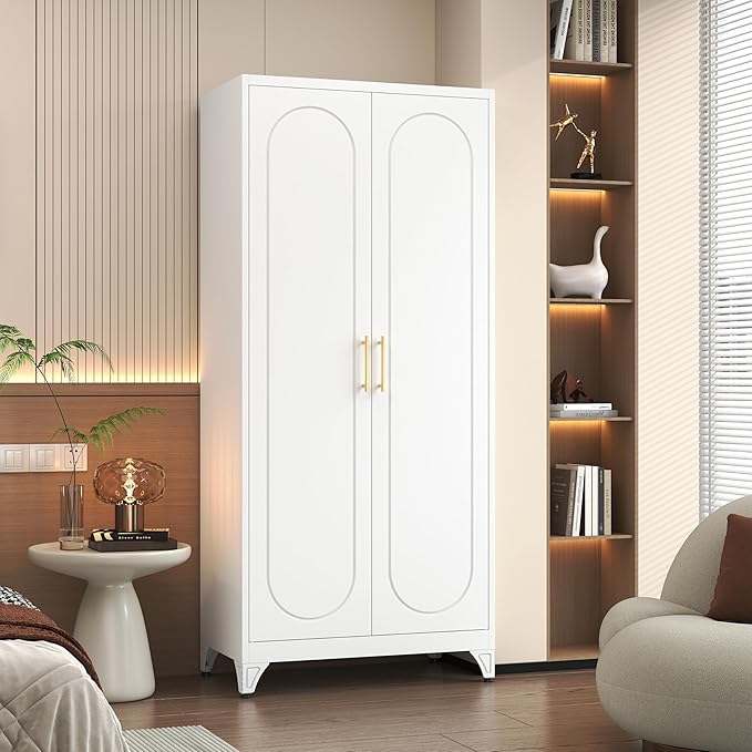 Polup Metal Wardrobe Cabinet for Hanging Clothes, 71" Tall Armoire Wardrobe Closet with Hanging Rod, White Clothing Storage Cabinet with Doors and Shelves, Large Closet for Bedroom-Assemble Required