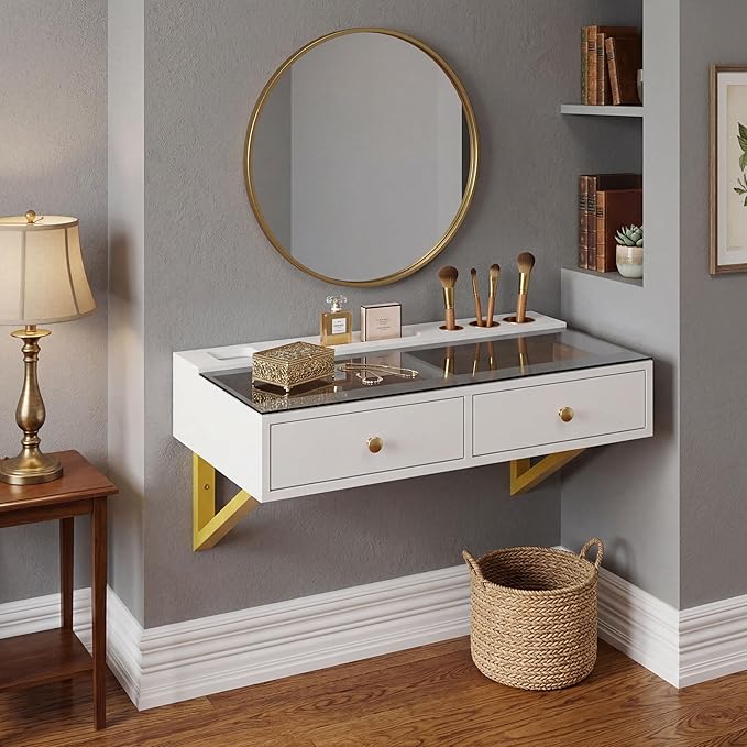IEO 31.5" Floating Makeup Vanity Table Wall-Mounted Dressing Table with 2 Drawers Floating Desk Glass Top Wall for Small Space Bedroom,Warm White