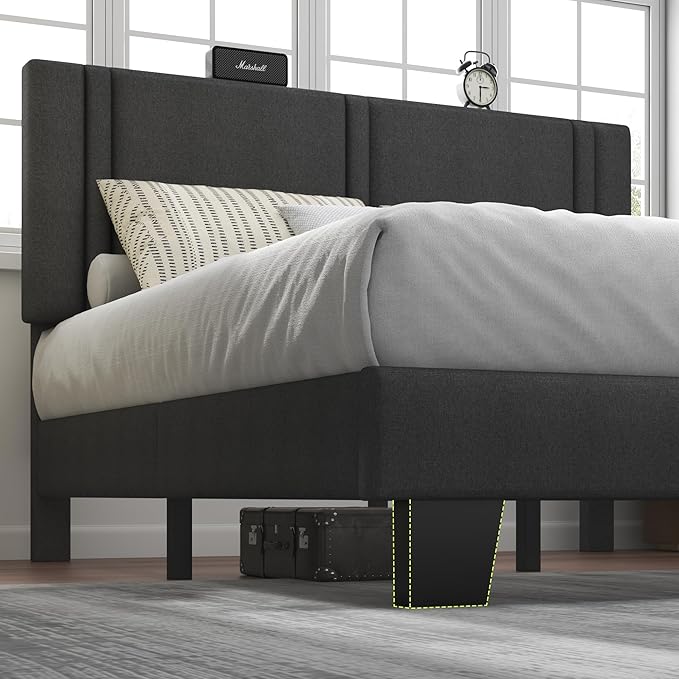 Feonase Full Size Platform Bed Frame, Fabric Upholstered Full Bed Frame, Solid Wood Slats & Heavy Duty Feet Support, No Box Spring Needed, Noise-Free, Easy Assembly, Dark Grey