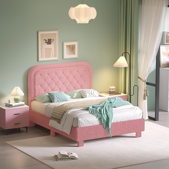 VINGLI Cloud Queen Bed Frame with Boucle Headboard,Cozy Soft Platform Bed with Wooden Slats, Cute Fabric Headboard, Cream Modern Style,Noise Free,Rounded Corners,Pink