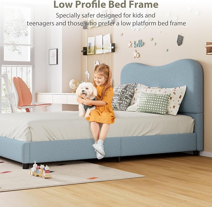 GarveeHome Boucle Queen Bed Frame with Upholstered Headboard, Soft Low Profile Sturdy Platform Bed with Rounded Corners Design, Heavy Duty, Wooden Slats, Noise Free, No Box Spring Needed, Blue