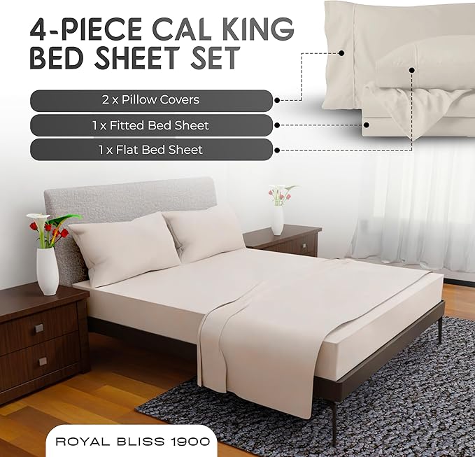 California King Sheet Sets – 4Pcs Cal King Bedding Set, Deep Pocket, Double Brushed Microfiber, Fade Resistant, Soft & Breathable Bed Sheets for Ultimate Comfort(Ivory)