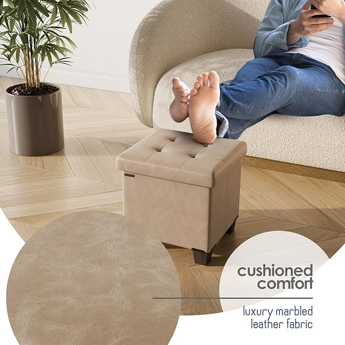 Storage Ottoman Cube with Small Bin, 15-in Square Ottoman with Storage for Living Room and Bedroom, Small Ottomans Foot Rest, Leather Foot Stools Ottomans Max 330lbs, Taupe