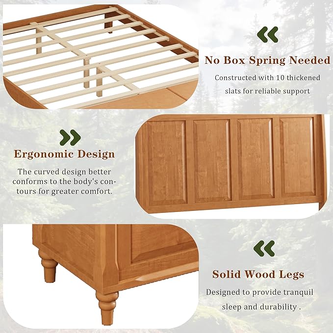 KEIKI King Size Bed Frame with Storage Bench, Solid Wood Sleigh Bed with High Headboard and 64" Storage Chest, Rubberwood Platform Bed, No Box Spring Required, Natural