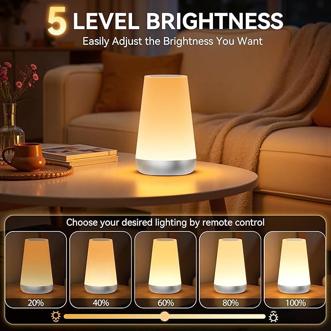 Auxmir Rechargeable LED Night Light, Touch & Remote Control Bedside Lamp with 13 Colors, 5 Brightness Levels, Portable Table Lamp for Kids Baby Nursery, Bedroom, Bathroom, Camping, Silver