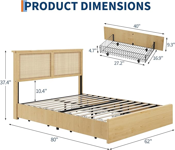 IDEALHOUSE Rattan Queen Bed Frame with 4 Storage Drawer, LED Lights & Natural Rattan Headboard, Wood Queen Size Bed Frame with Solid Wood Foundation, No Box Spring Needed, Natural
