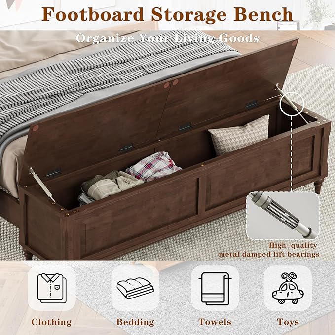 KEIKI Queen Size Bed Frame with Storage Bench, Solid Wood Sleigh Bed with High Headboard and 64" Storage Chest, Rubberwood Platform Bed, No Box Spring Required, Walnut Brown