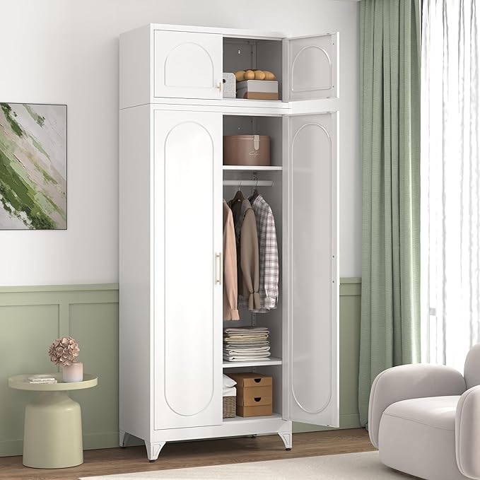 86" Metal Wardrobe Cabinets,Armoire Wardrobe Closet with Hanging Rod,Clothes Storage Cabinet with Adjustable Shelves and Doors,Clothing Cabinet for Bedroom, Office, Laundry Room