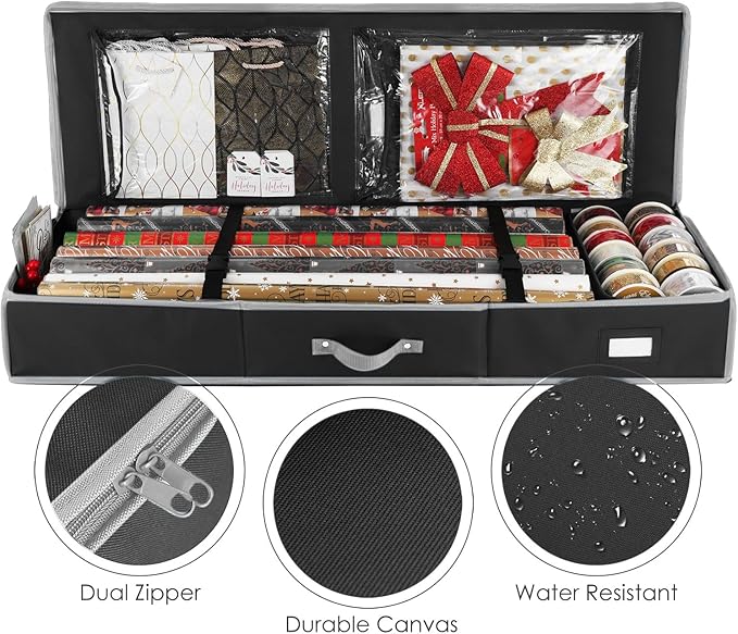 Hearth & Harbor Wrapping Paper Storage Container - Christmas Storage Bag with Interior Pockets - Gift Wrapping Organizer Storage Fits Up to 22 Rolls of 40" - Tear Proof Wrapping Paper Organizer