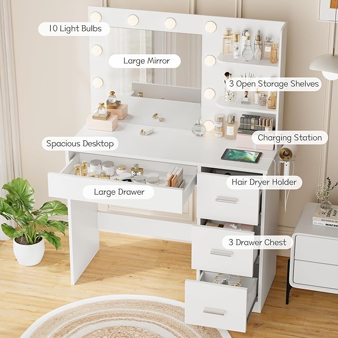 YESHOMY Vanity Desk with Mirror, 10 Lights, Power Outlet and 3 Storage Shelves, Makeup Table with 4 Drawers, 3 Color Modes, for Bedroom, White