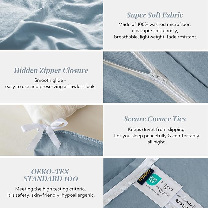 MILDLY Super Soft Duvet Cover - 100% Washed Microfiber Haze Blue Comforter Cover Set 3 Pieces with Zipper Closure & Corner Ties (No Comforter)