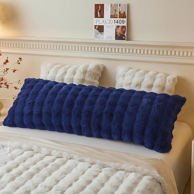 LIFEREVO Fluffy Faux Rabbit Fur Body Pillow Cover, Luxury Bubble Waffle Shaggy Plush Bed Pillowcase with Zipper Closure, Royal Long 20"x54" Fuzzy Furry Pillow Case for Adults Kids Girls, Navy Blue