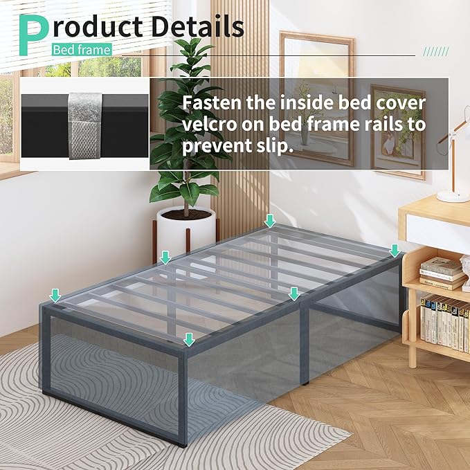 Lutown-Teen 18 Inch Twin Bed Frames with Cover Skirt, Heavy Duty Metal Twin Size Platform Bed Frame No Box Spring Needed, Noise Free, Easy Assembly, Black and Blue