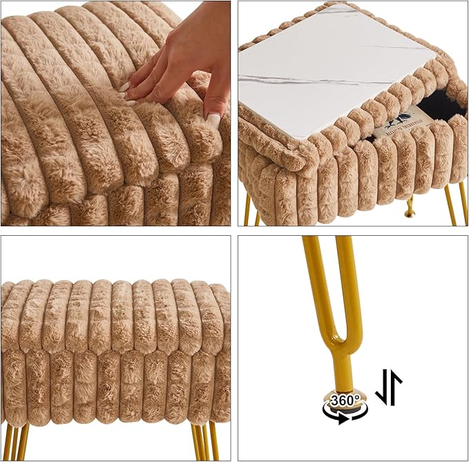IBUYKE Rectangle Vanity Chair with Storage Space, Footrest Footstool Ottoman, Vanity Stool, Dressing Table Chair, with Anti-Slip Feet, for Makeup Room, Bedroom, Square Grid Pattern, Khaki WBD004K