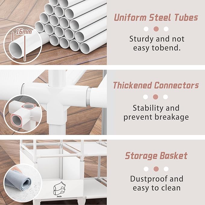 Portable Closet, Easy Assembly, Large Capacity Wardrobe Closet, Sturdy and Stable Clothes Rack with Shelves 4 Storage Baskets and 2 Hanging Rods, for Bedroom and Cloakroom White