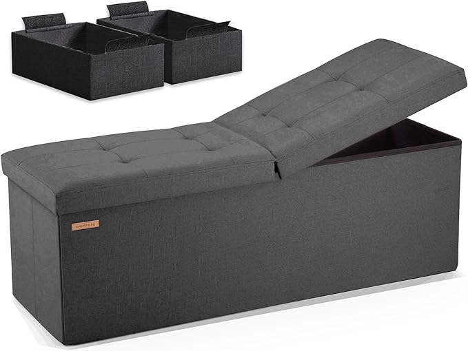 HAUSFRAU Storage Ottoman Bench with Flipping Lid, 43.3 Inches Storage Chest Footsrest, Folding Foot Stool for Entryway, Living Room, Bedroom, Linen Grey