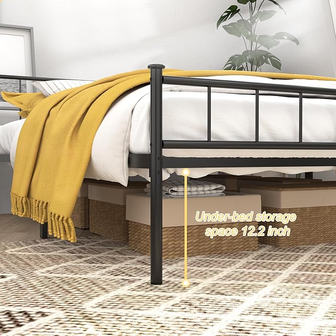 Queen Metal Platform Bed Frame, Victorian Vintage Style, Wrought Iron Headboard, Steel Slats, No Box Spring Needed (Black, Full)