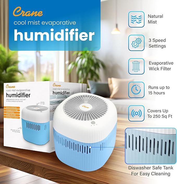 Crane Evaporative Humidifier, Wick Filter, Dishwasher Safe Tank, UV Light, No White Dust, Whisper Quiet, Bedroom Nursery Office, 1.9L Tank, Up To 250 SQ FT