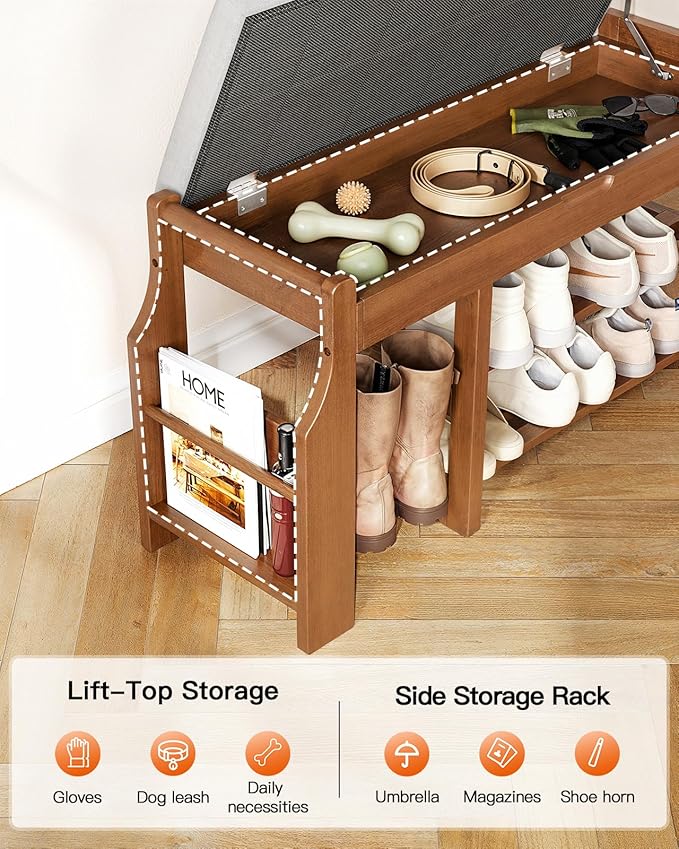 Pipishell 34″ Solid Pine Wood Shoe Rack Bench with Soft Cushion, 2 Tiers Shoe Storage Organizer with Lift-Top Storage and Side Holder, Holds up to 440 lbs, Shoe Bench for Entryway, Hallway, Bedroom