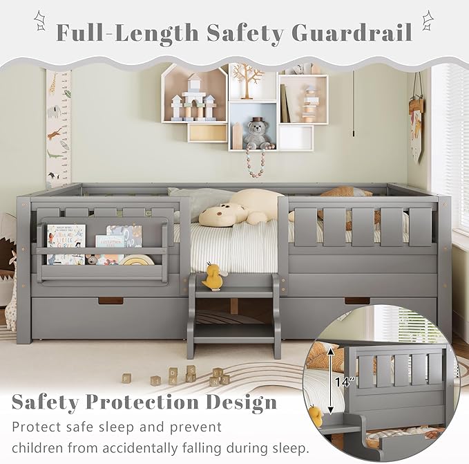 Bellemave Queen Size Kids Montessori Bed with Stairs and Bookshelf,Solid Wood Queen Size Kids Bed Frame with Drawers and Storage for Girls Boys,Low-Profile,Gray