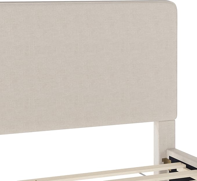 Martha Stewart Britta Platform Bed with Headboard & Footboard, Faux Linen Upholstery with Piping Detail, Rounded Headboard, No Box Spring Needed, Queen, Beige